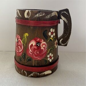 Vintage Folk Art Hand-Painted Wooden Stein with Floral Design